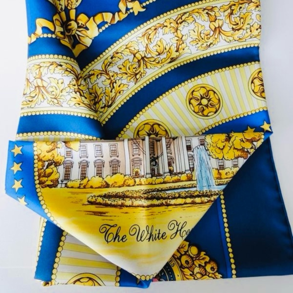 NWOT White House Historical Association 33” square silk French Blue & Gold Scarf - Picture 2 of 9